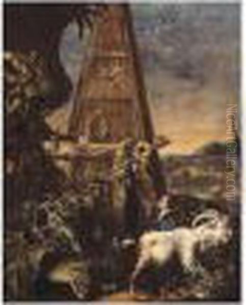 Pastoral Landscape With A Goat And A Child In The Foreground With A Pyramid Oil Painting by Arnold Houbraken