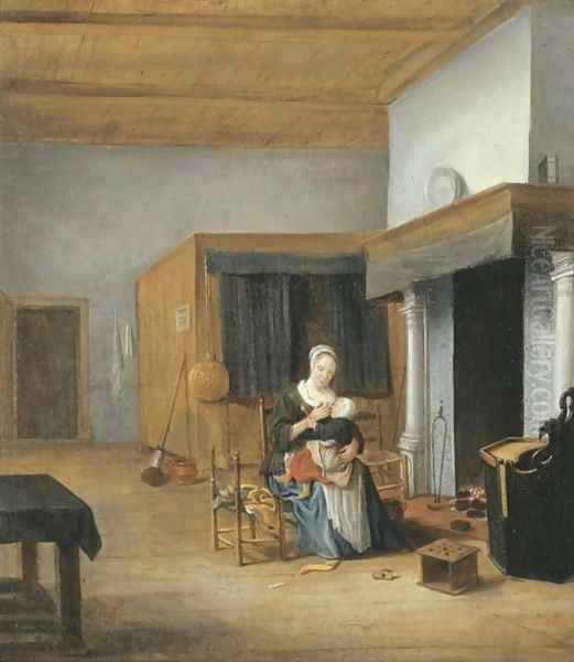 An interior with a woman seated by the fire holding a child upon her lap Oil Painting by Franciscus Carree