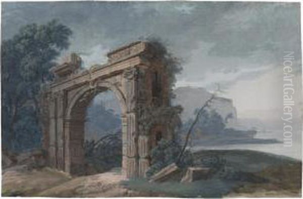 Italianate River Landscape With A Ruined Arch Oil Painting by Jean-Pierr Houel