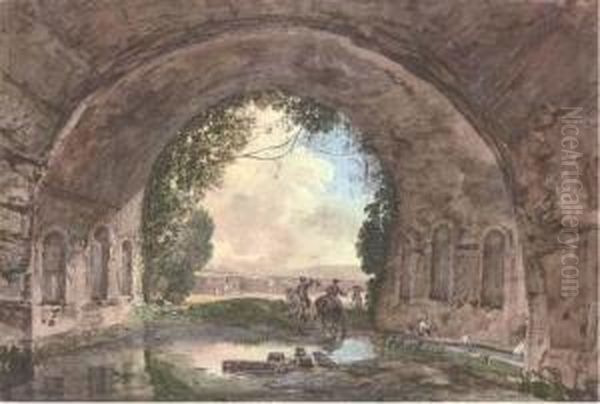 A Vaulted Spring With Two Gentlemen On Horseback And A Peasant Woman Washing Clothes Oil Painting by Jean-Pierr Houel