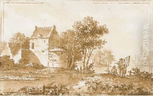 Un Paysage Fluvial Avec Deux Pecheurs Et Une Femme Oil Painting by Jean-Pierr Houel