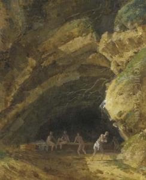 A Grotto With Bathers Oil Painting by Jean-Pierr Houel