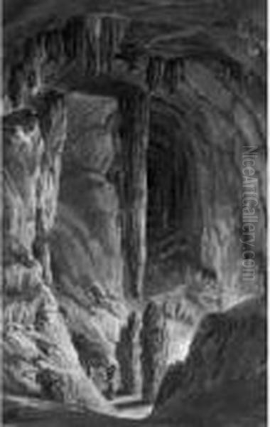 Une Des Grottes De Caumont En Normandie Gouache Oil Painting by Jean-Pierr Houel