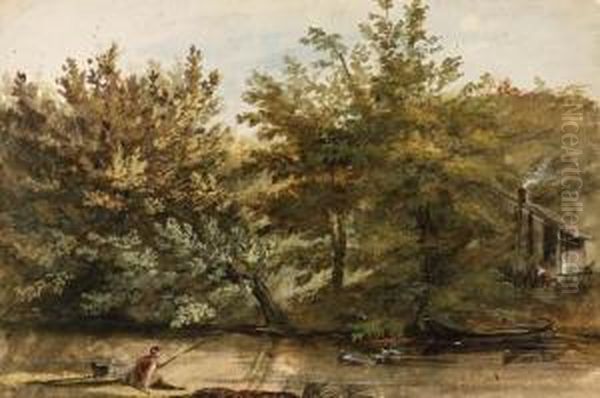 Trees On The Bank Of A River, A 
Fisherman In The Foreground And Afarmhouse In The Background Oil Painting by Jean-Pierr Houel