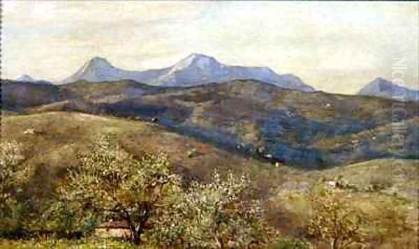 Spring landscape with a distant view of Monte Catria Early Morning Oil Painting by Giovanni Costa