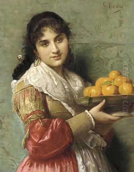 A Young Italian Beauty with a Plate of Oranges Oil Painting by Giovanni Costa