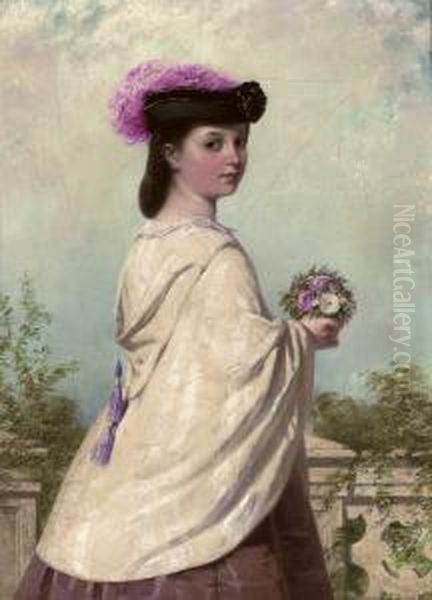 Portrait Of A Young Girl, 
Three-quarter-length, In A White Cloak, Holding A Posy Of Flowers On A 
Terrace Oil Painting by John Adam P. Houston