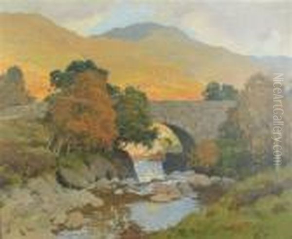 Autumnal Landscape With A Bridge Oil Painting by Robert Houston