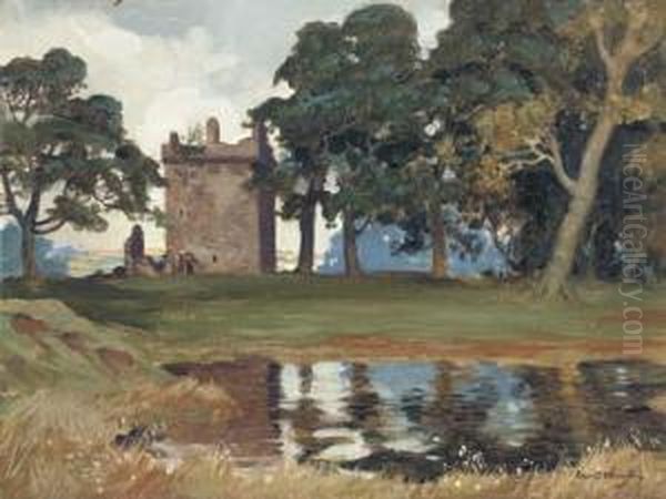 Landscape With Ruined Castle By A Loch Oil Painting by Robert Houston