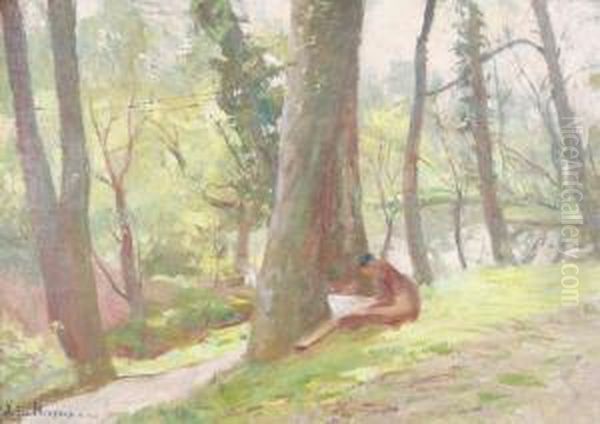 Woman Reading In A Park Oil Painting by Leon Houyoux