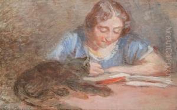 Diligent Student With Cat Oil Painting by Leon Houyoux