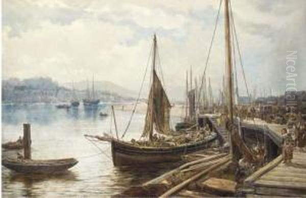 Unloading The Catch On The Jetty At Whitby Oil Painting by William Howard Hart