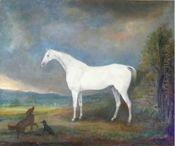 A Grey Hunter With Two Dogs In A Landscape Oil Painting by James Howe