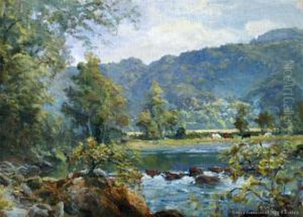 Cattle Wading From A Stream Oil Painting by Charles Henry Howorth