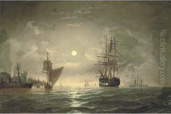 An Armed Merchantman And Other 
Shipping In The Bosphorous Offconstantinople, By Moonlight Oil Painting by Edward Hoyer