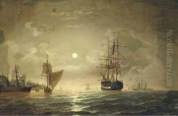 A Nocturnal View Of Ships In Boston Harbor Oil Painting by Edward Hoyer