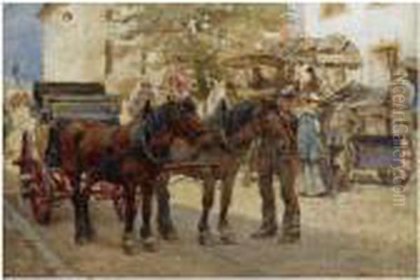 Carriages In The Streets Of A Mountain Village Oil Painting by Jan Hoynck Van Papendrecht