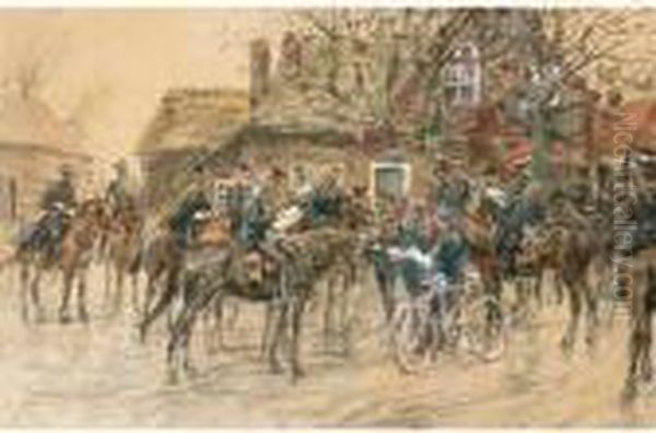 Cavalry In A Village Oil Painting by Jan Hoynck Van Papendrecht