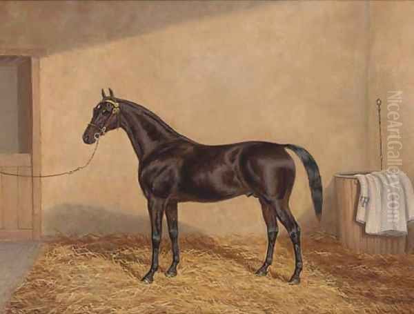 A bay racehorse in a stable Oil Painting by A. Clark