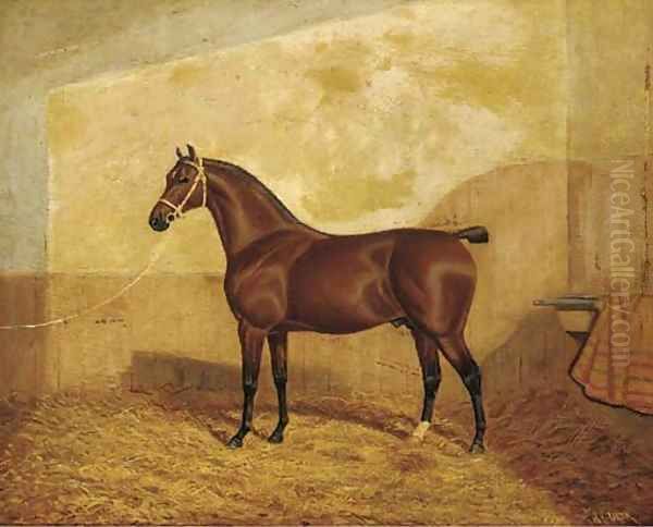 A tethered brown hunter in a stable Oil Painting by A. Clark