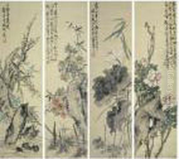 Flowers Of The Four Seasons Oil Painting by Pu Hua