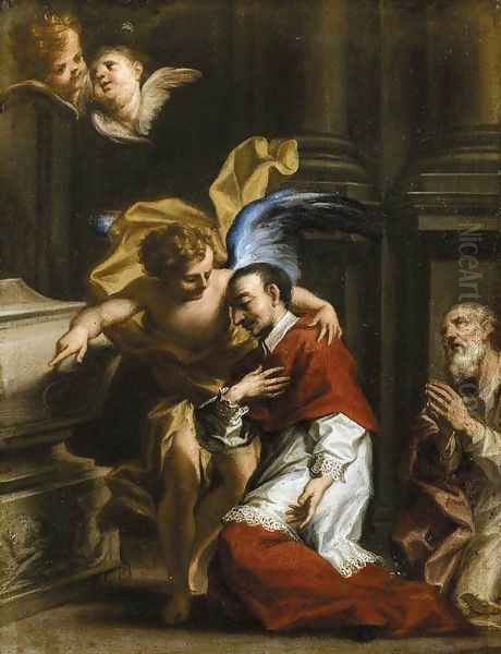 St Carlo Borromeo Tended by an Angel Oil Painting by Francesco Caccianiga