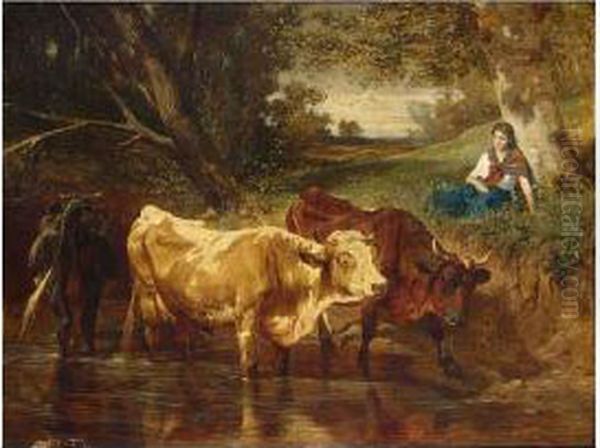 A Shepherdess Watering Her Cows Oil Painting by Carl Rudolf S. Huber