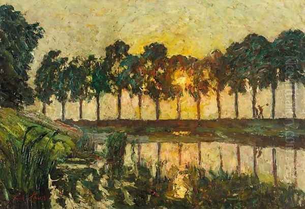 Trees by a Lake, Sunset Oil Painting by Emile Claus