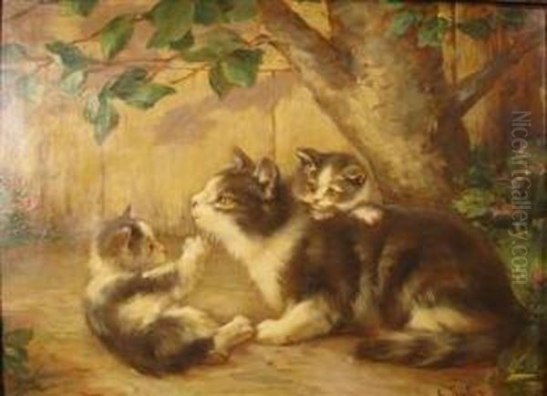 Mother Cat And Kittens Oil Painting by Leon Charles Huber