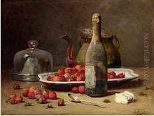 Stillleben Mit Erdbeeren Und Champagner Oil Painting by Leon Charles Huber