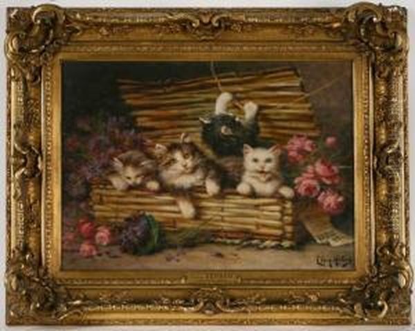 Chatons Dans Un Panier Oil Painting by Leon Charles Huber