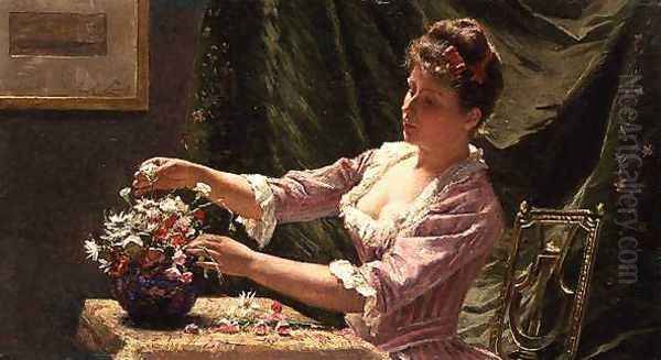 Young Woman Arranging Flowers Oil Painting by Emile Claus