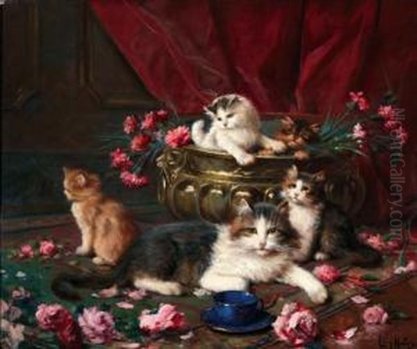 Poes Met Vier Kittens Oil Painting by Leon Charles Huber