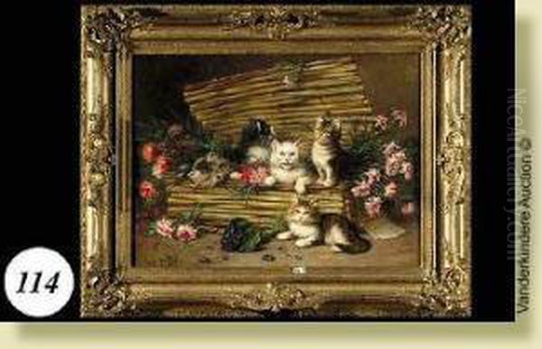 Chatons Dans Le Panier Aux illets Oil Painting by Leon Charles Huber