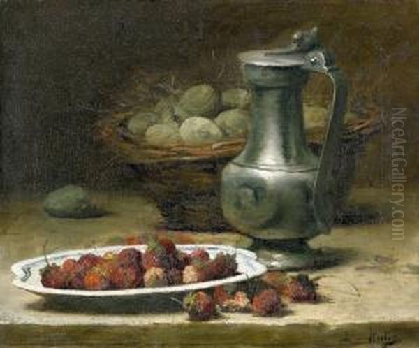 Stillleben Mit Fruchten Und Zinnkanne. Oil Painting by Leon Charles Huber