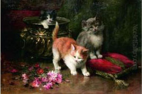 Trois Chatons Au Bouquet Oil Painting by Leon Charles Huber