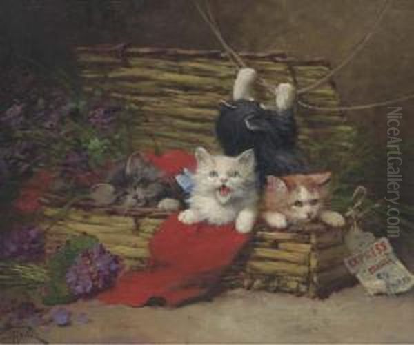 Four Kittens In A Basket Oil Painting by Leon Charles Huber