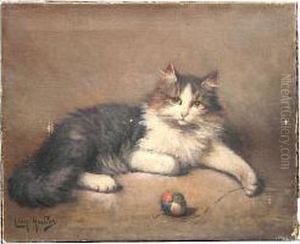 A Cat Playing With A Ball Oil Painting by Leon Charles Huber