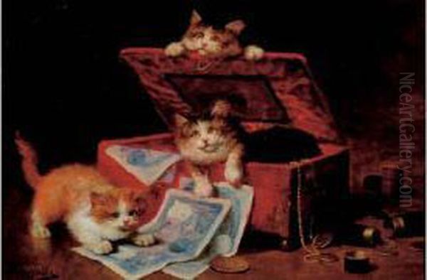 Chatons A La Boite A Bijoux. Oil Painting by Leon Charles Huber