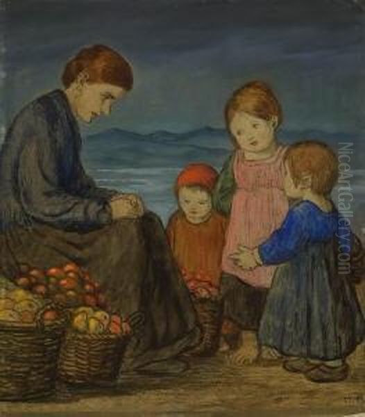 Obstverkauferin Mit
 Kindern. by Hans Huber-Sulzemoos