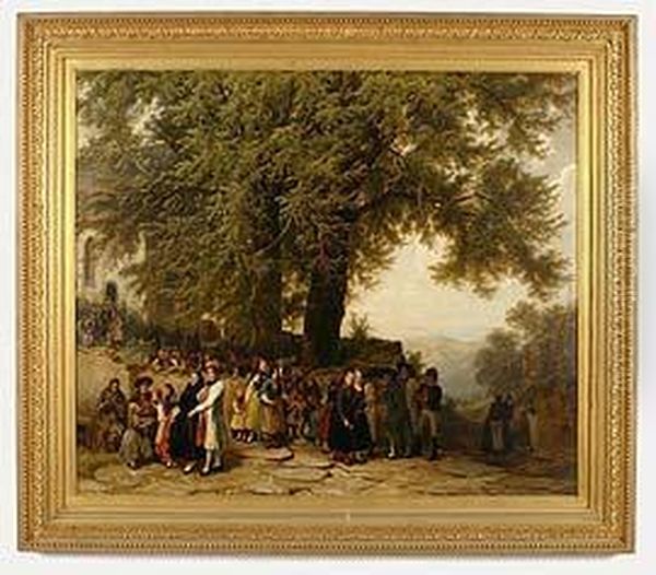 A Wedding Party Under Trees. Oil Painting by Carl Wilhelm Hubner