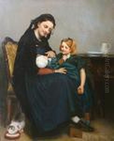 A Mother With Her Children And A Cat Oil Painting by Julius Ii Hubner