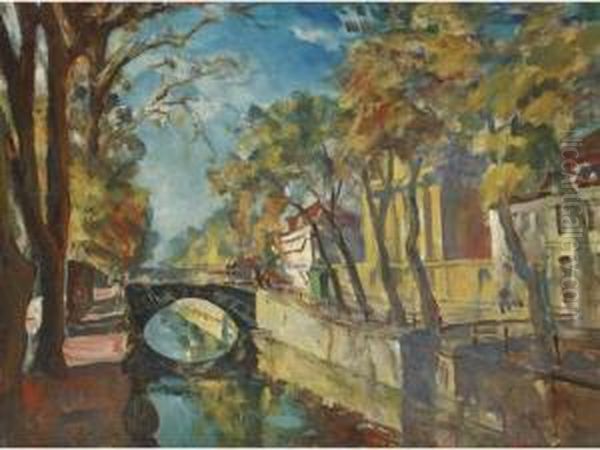 A Dutch Canal Oil Painting by Ulrich Hubner