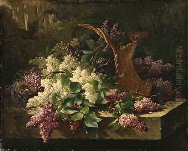 A still life with lilacs in a basket and a bird's nest Oil Painting by Emile Claus