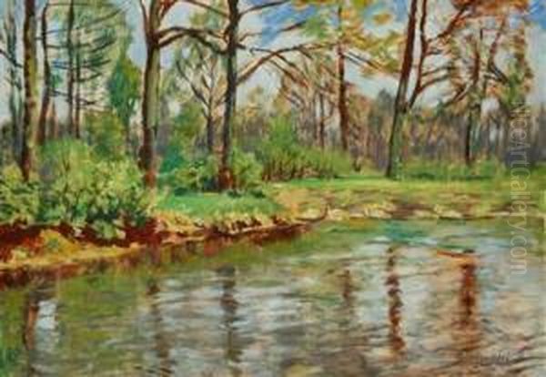 A Landscape With A Water Surface Oil Painting by Antonin Hudecek