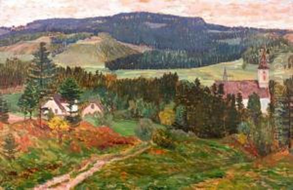 Krajina S Kostelikem Oil Painting by Antonin Hudecek