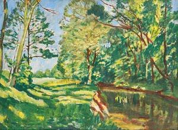 A Summer Landscape With A Water Surface Oil Painting by Antonin Hudecek