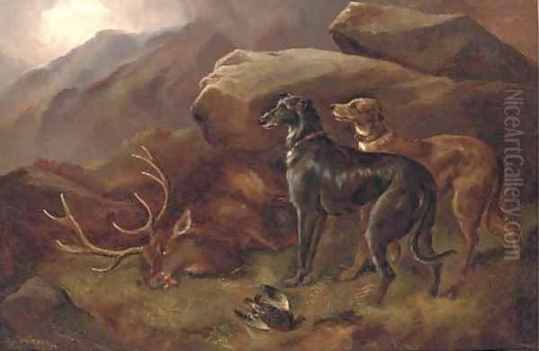 Deer hounds with a stag Oil Painting by Robert Cleminson