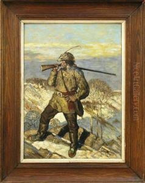 Scout With Rifle In Winter Mountain Landscape Oil Painting by Grace Carpenter Hudson