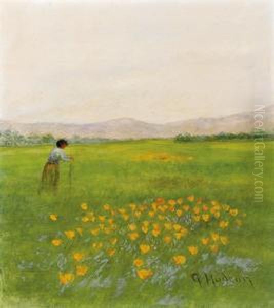 Woman In Field With Flowers Oil Painting by Grace Carpenter Hudson